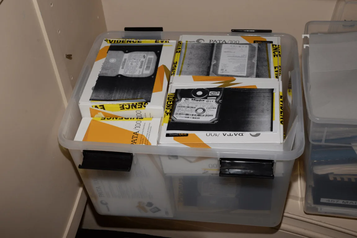 Labeled storage bins close-up